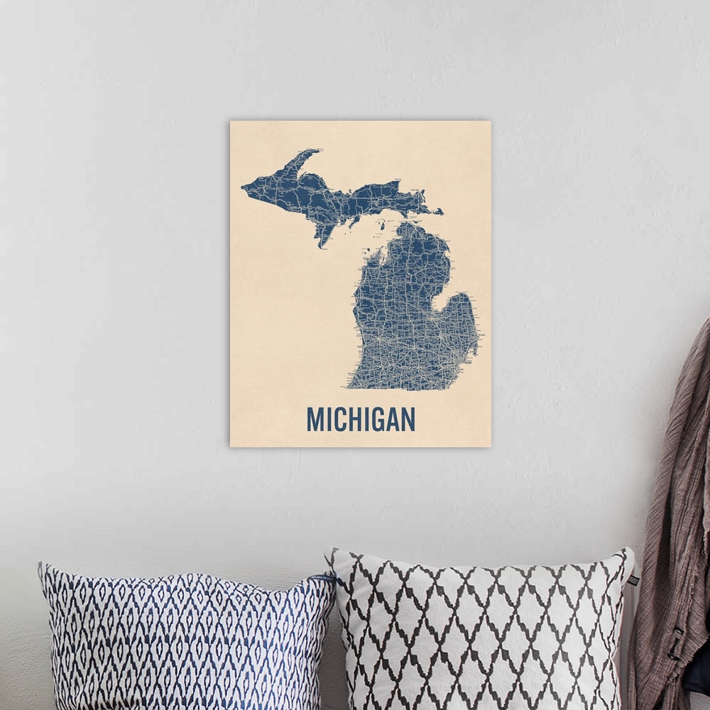 A bohemian room featuring Vintage Michigan Road Map 1