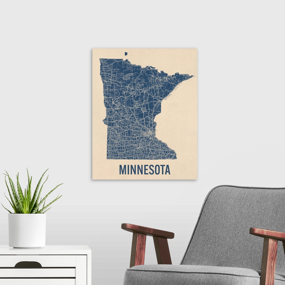 A modern room featuring Vintage Minnesota Road Map 1