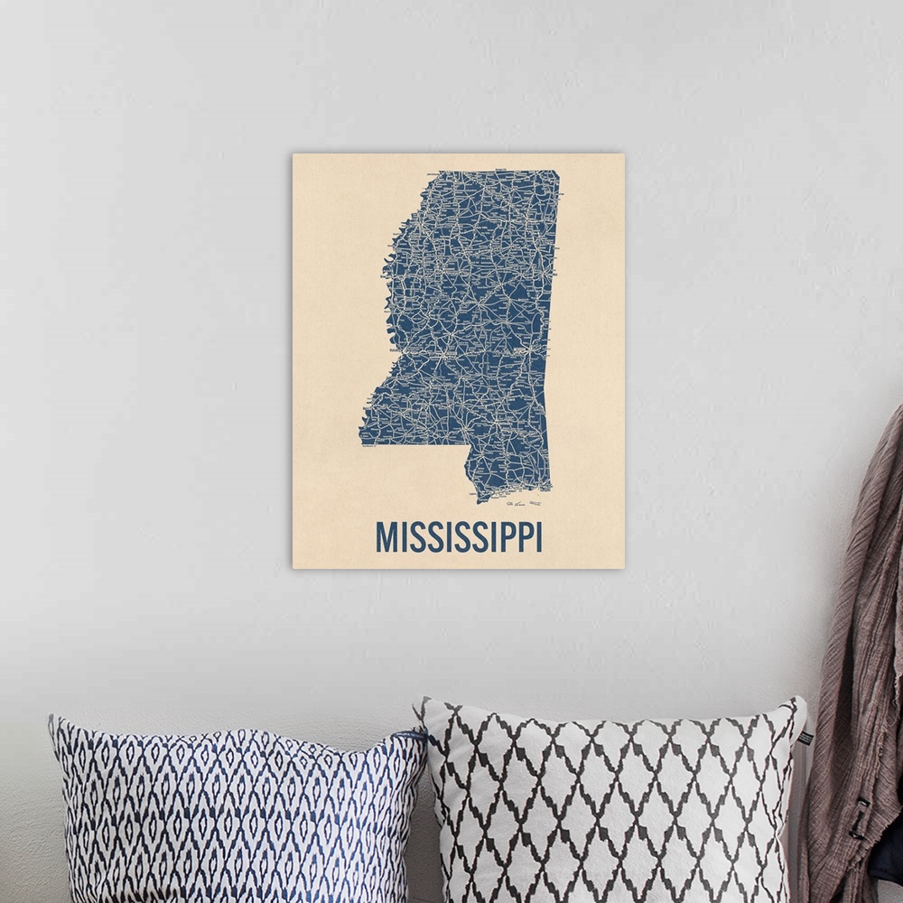A bohemian room featuring Vintage Mississippi Road Map 1