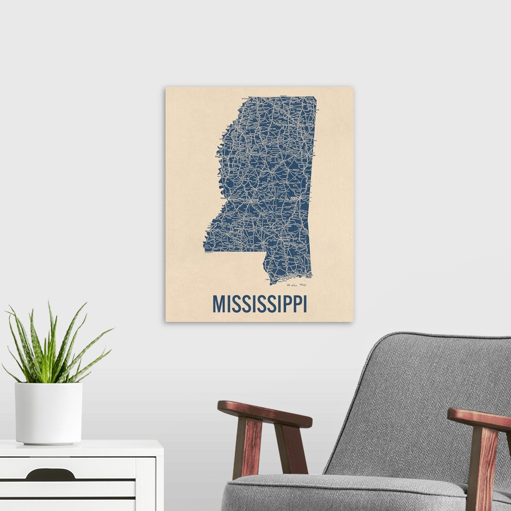 A modern room featuring Vintage Mississippi Road Map 1
