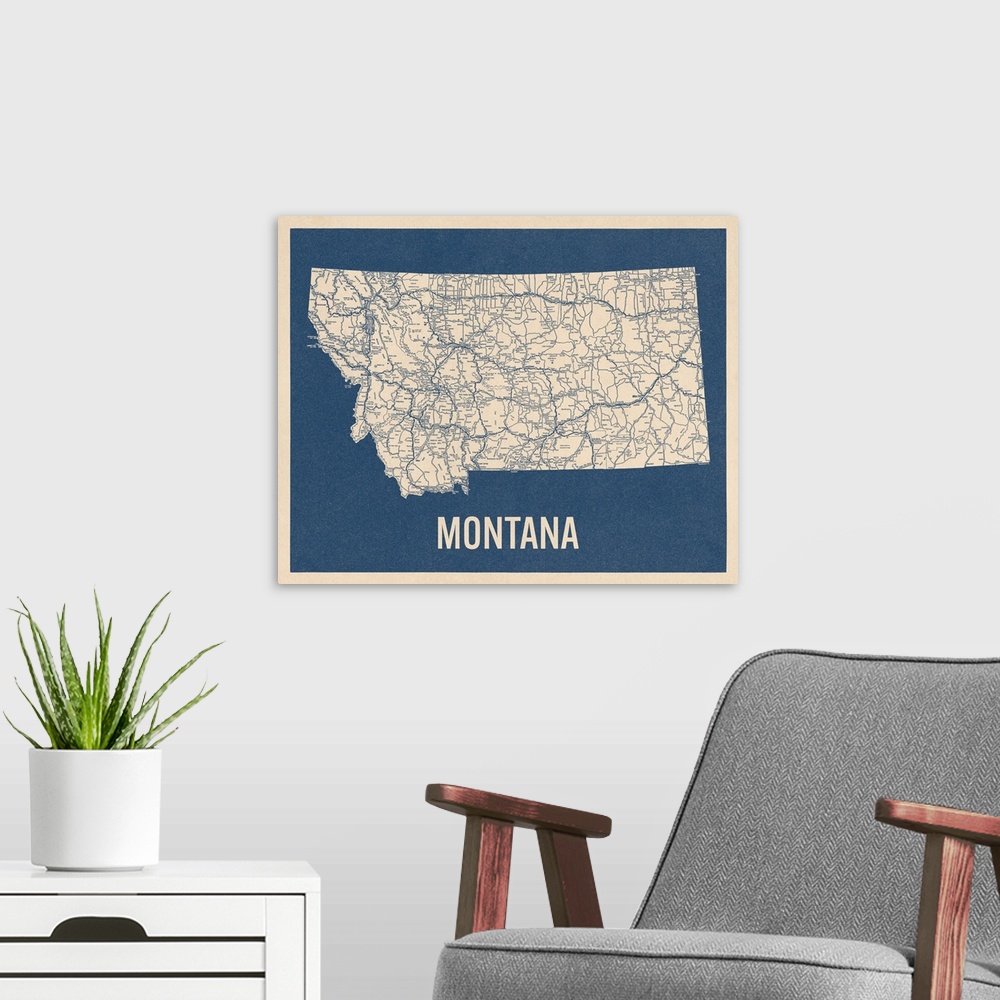 A modern room featuring Vintage Montana Road Map 2