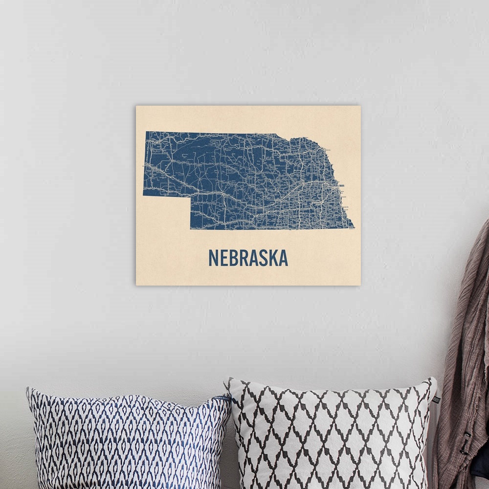 A bohemian room featuring Vintage Nebraska Road Map 1