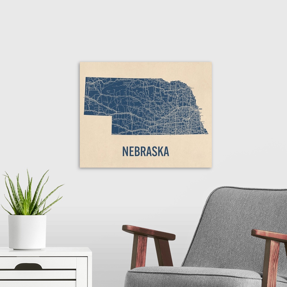 A modern room featuring Vintage Nebraska Road Map 1