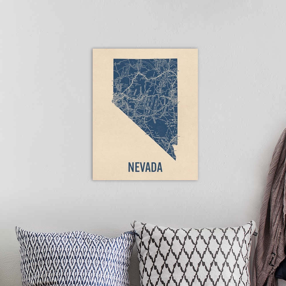 A bohemian room featuring Vintage Nevada Road Map 1