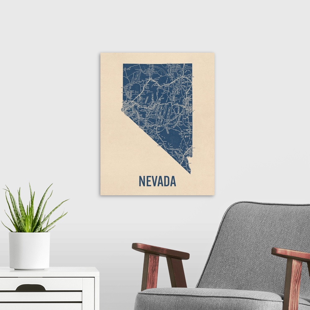 A modern room featuring Vintage Nevada Road Map 1