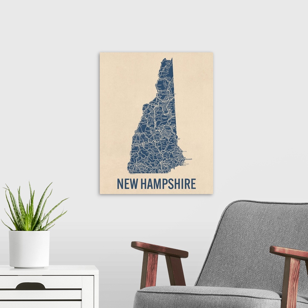 A modern room featuring Vintage New Hampshire Road Map 1