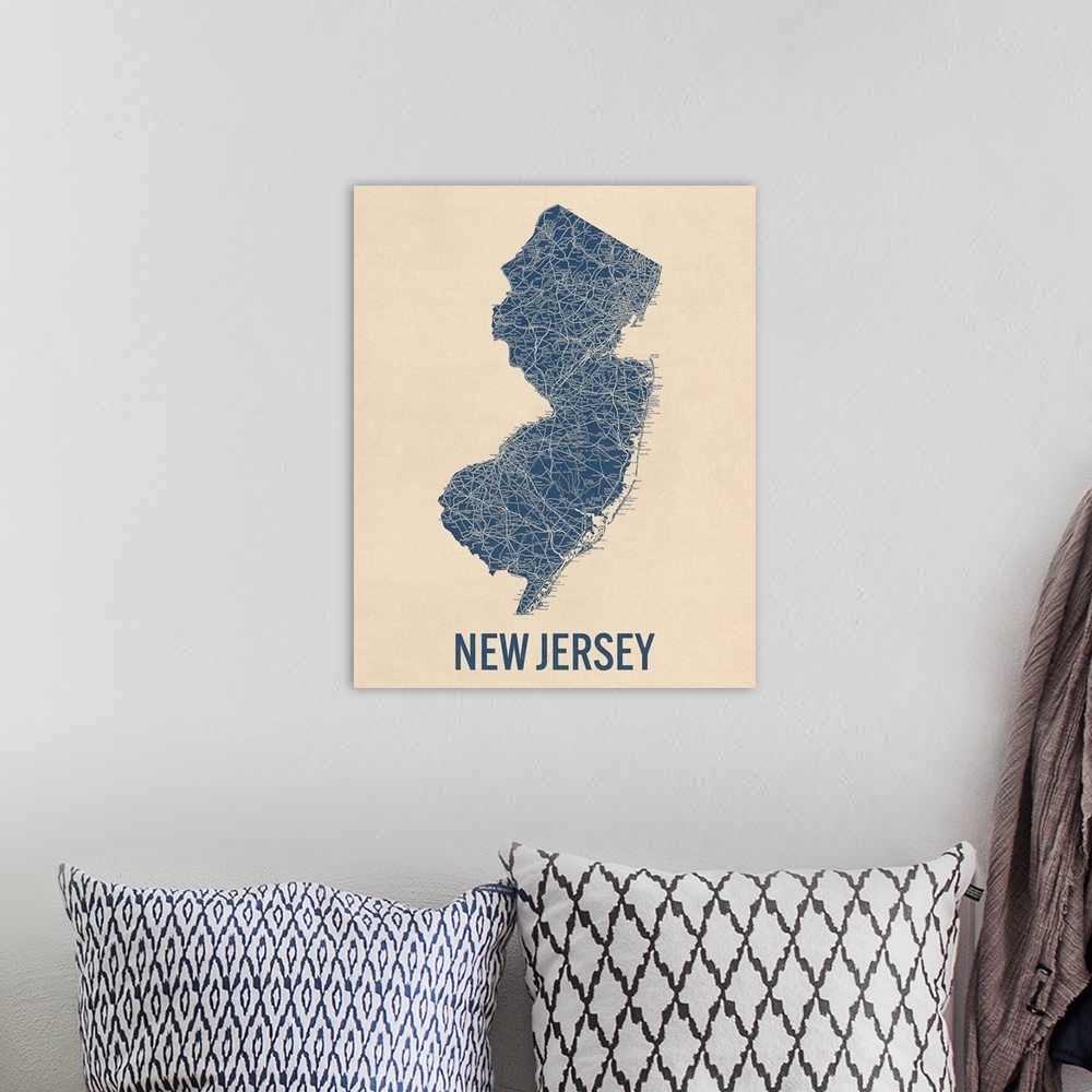 A bohemian room featuring Vintage New Jersey Road Map 1