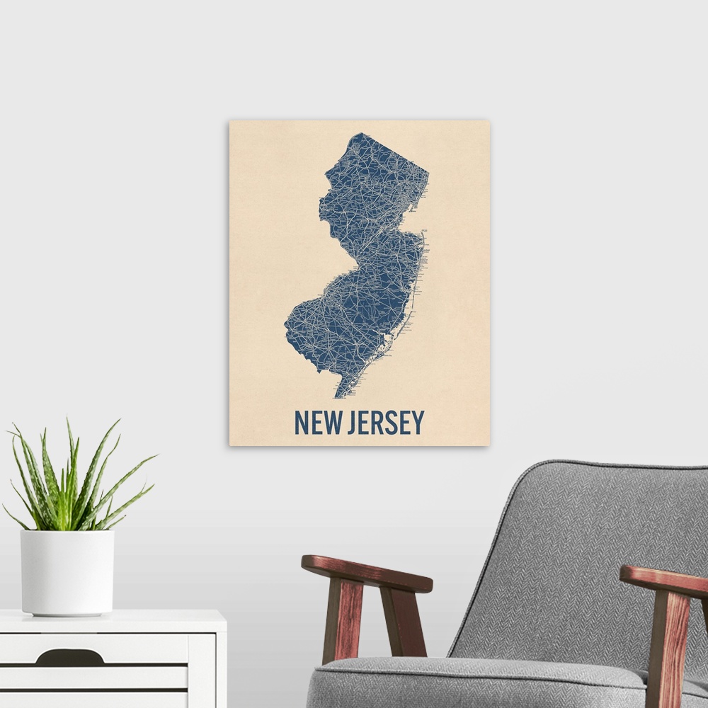 A modern room featuring Vintage New Jersey Road Map 1