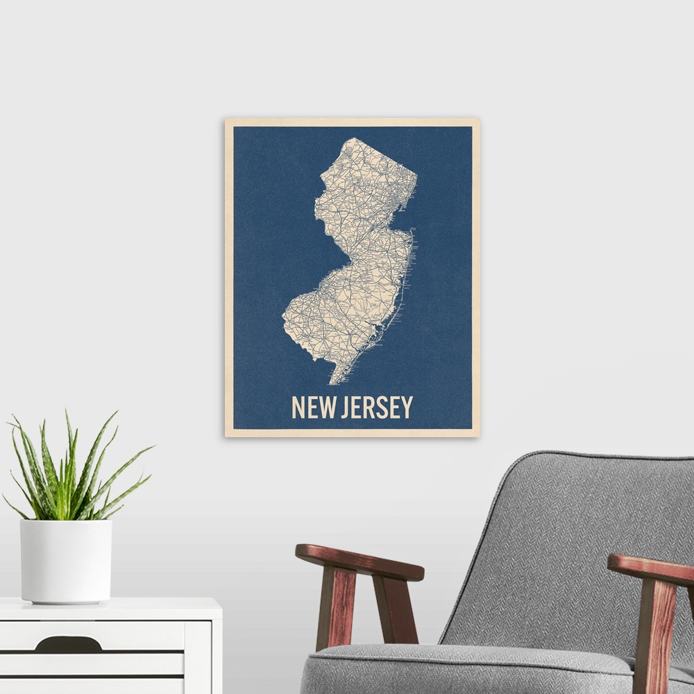 A modern room featuring Vintage New Jersey Road Map 2