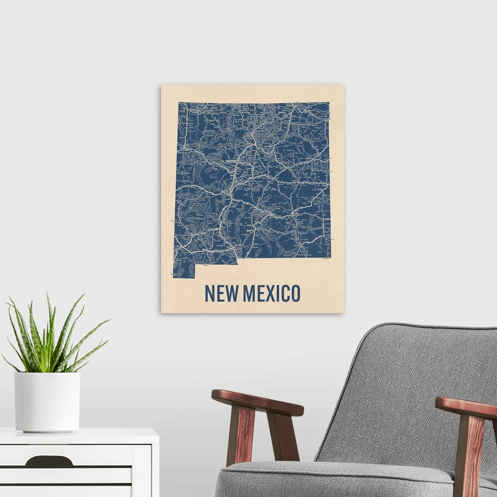 A modern room featuring Vintage New Mexico Road Map 1