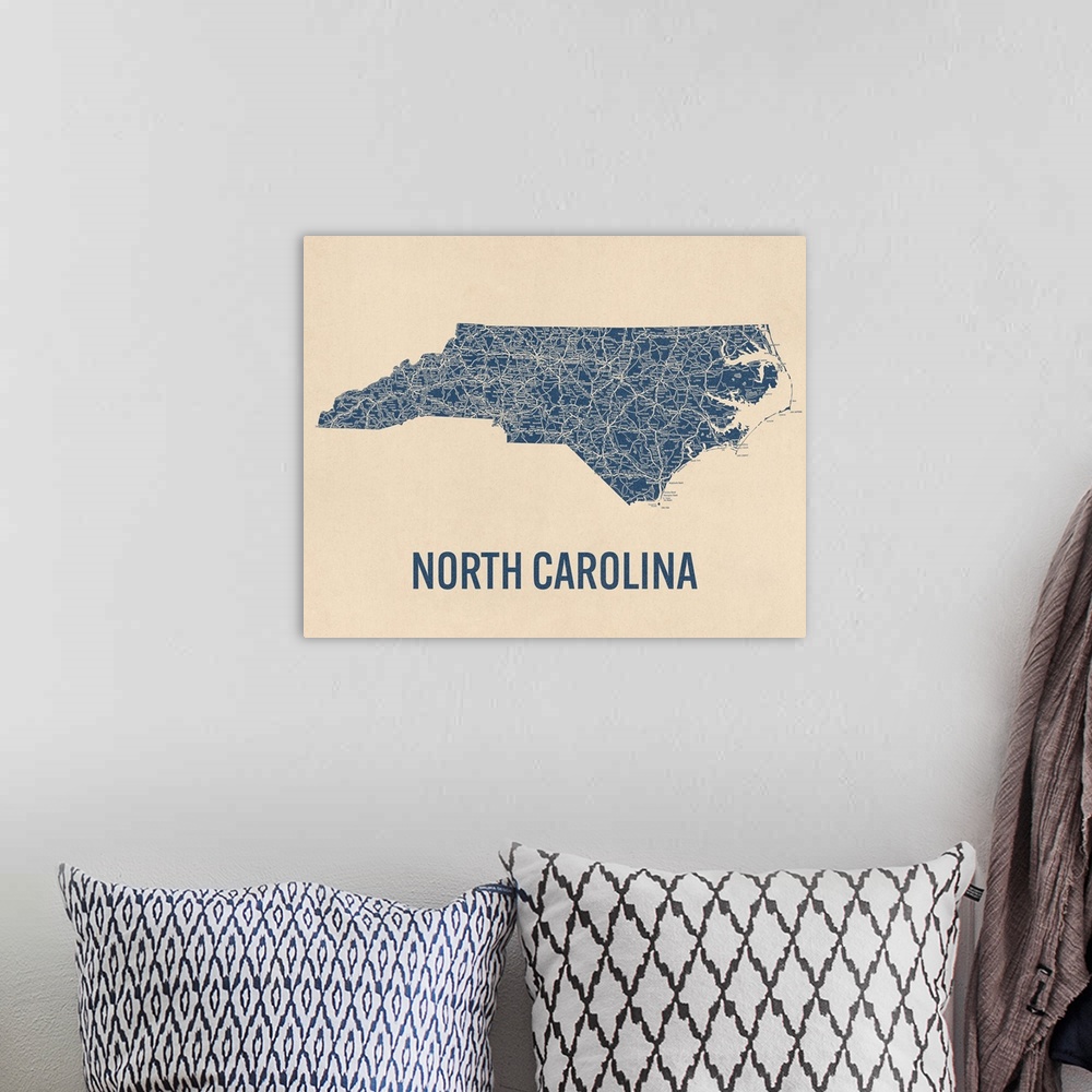 A bohemian room featuring Vintage North Carolina Road Map 1