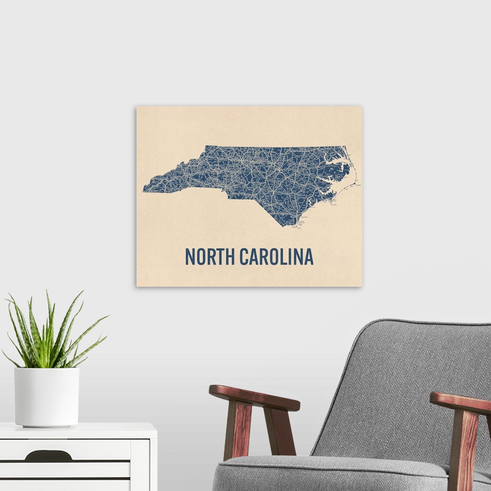 A modern room featuring Vintage North Carolina Road Map 1