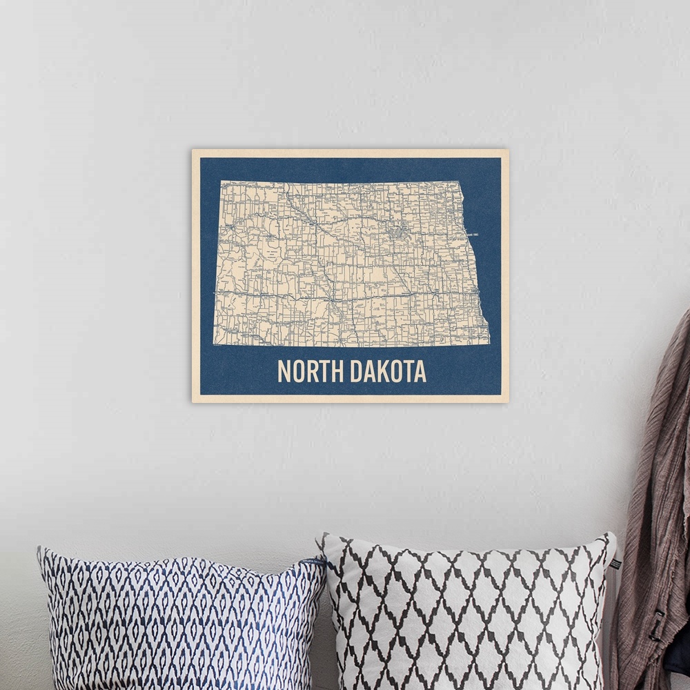 A bohemian room featuring Vintage North Dakota Road Map 2