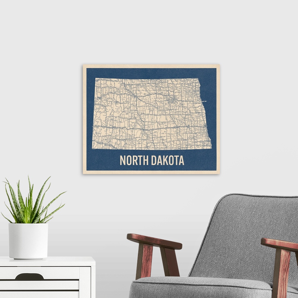 A modern room featuring Vintage North Dakota Road Map 2