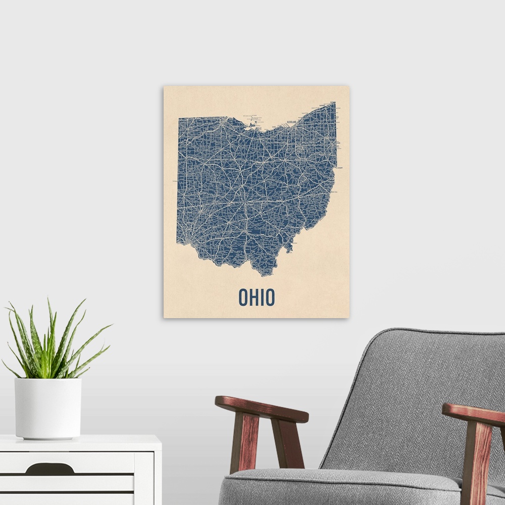 A modern room featuring Vintage Ohio Road Map 1