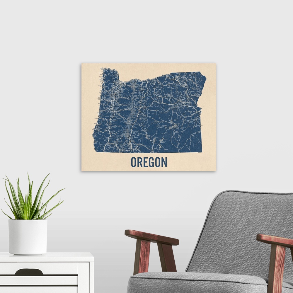 A modern room featuring Vintage Oregon Road Map 1