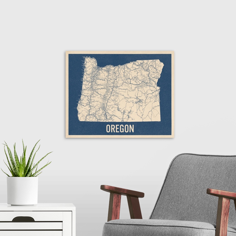 A modern room featuring Vintage Oregon Road Map 2