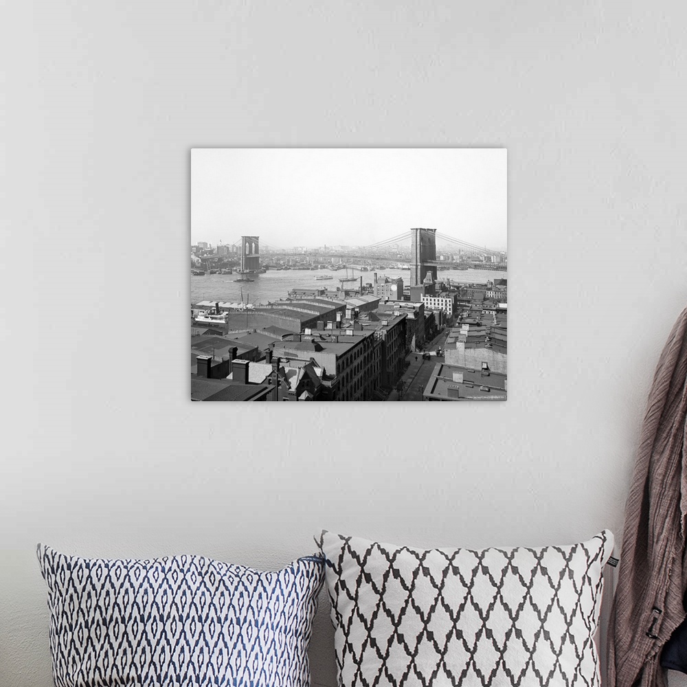 A bohemian room featuring Vintage photograph of Brooklyn Bridge and East River, New York City