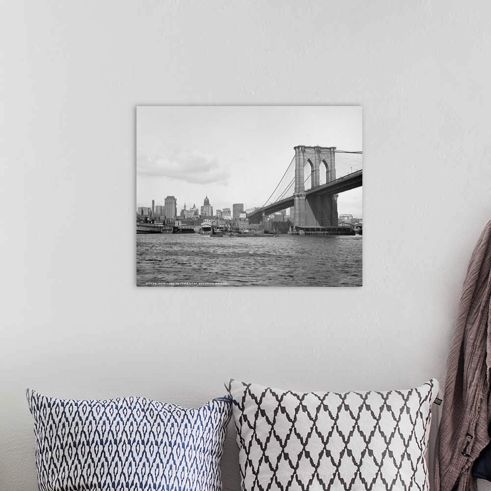 A bohemian room featuring Vintage photograph of Brooklyn Bridge and East River, New York City