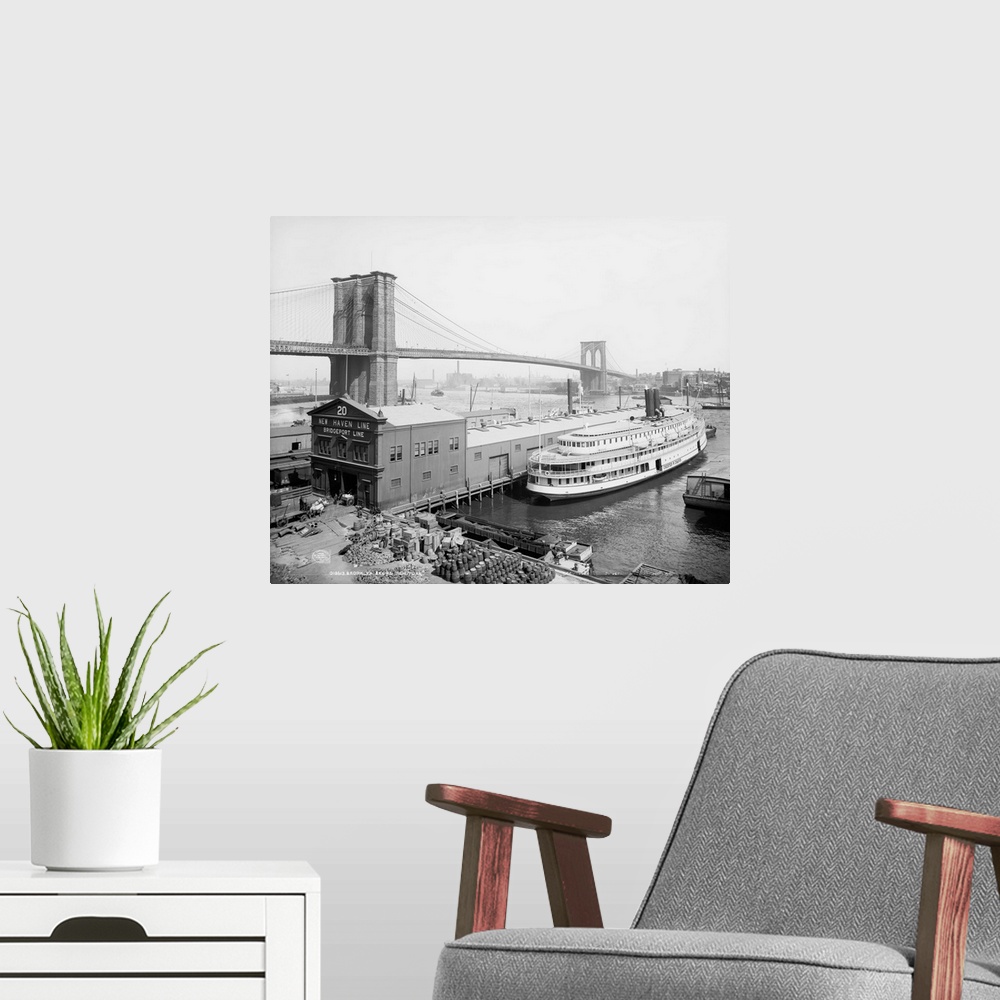 A modern room featuring Vintage photograph of Brooklyn Bridge, New York City