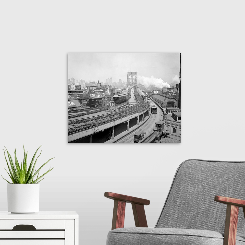 A modern room featuring Vintage photograph of Brooklyn Terminal, Brooklyn Bridge, New York City