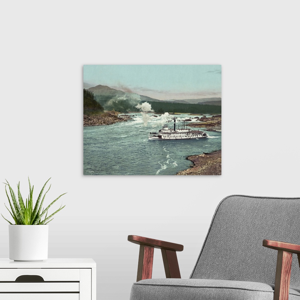 A modern room featuring Vintage photograph of Columbia River Cascades and Steamboat