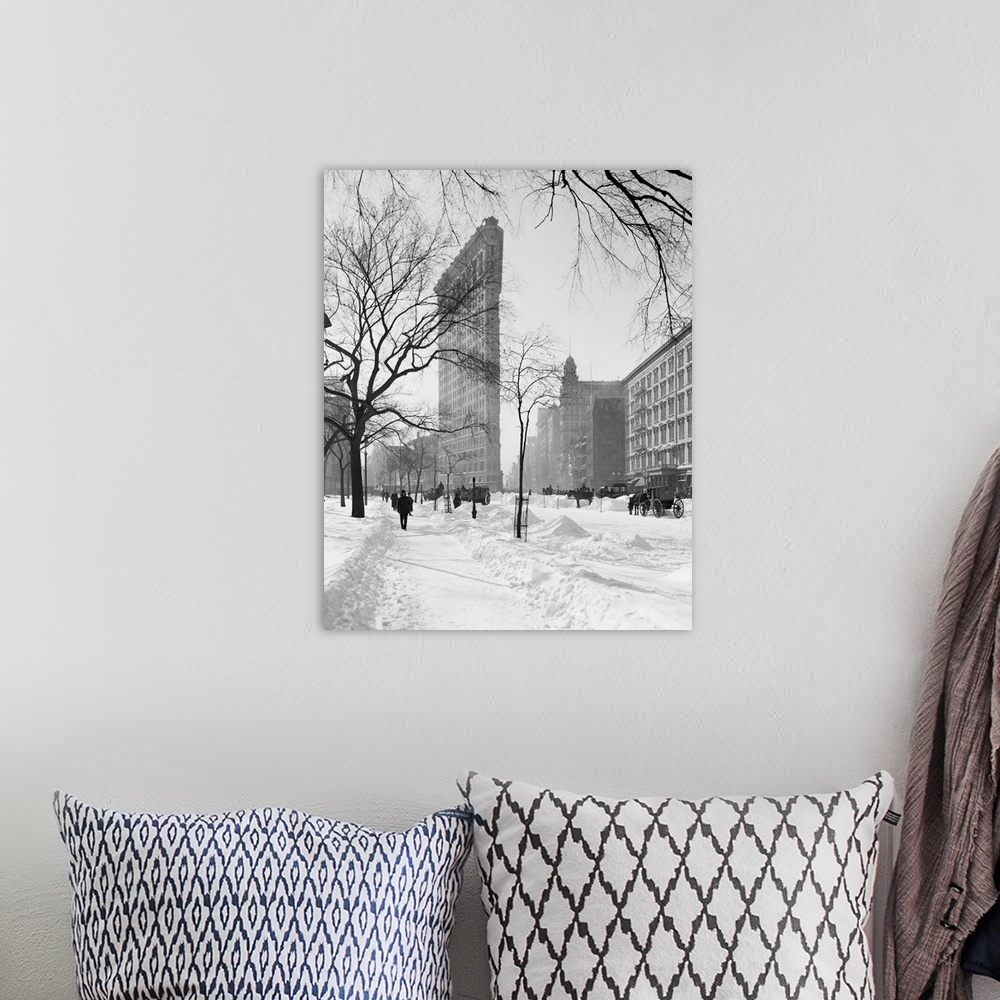 A bohemian room featuring Vintage photograph of Flatiron Building in Snow, New York City