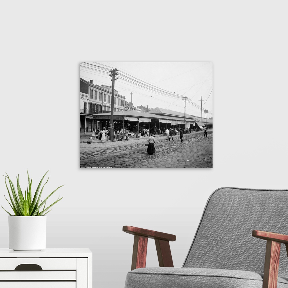 A modern room featuring Vintage photograph of French Market, New Orleans, Louisiana