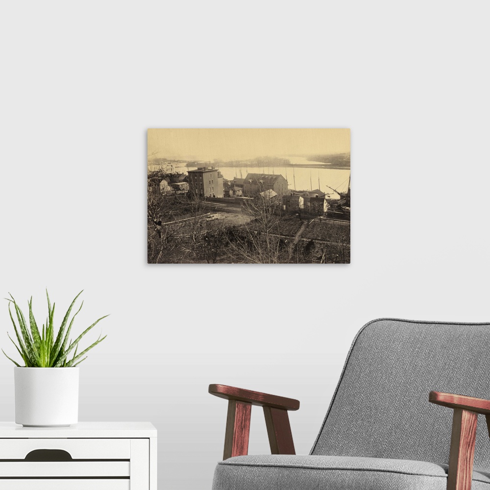 A modern room featuring Vintage photograph of Georgetown and Potomac River, Washington, DC