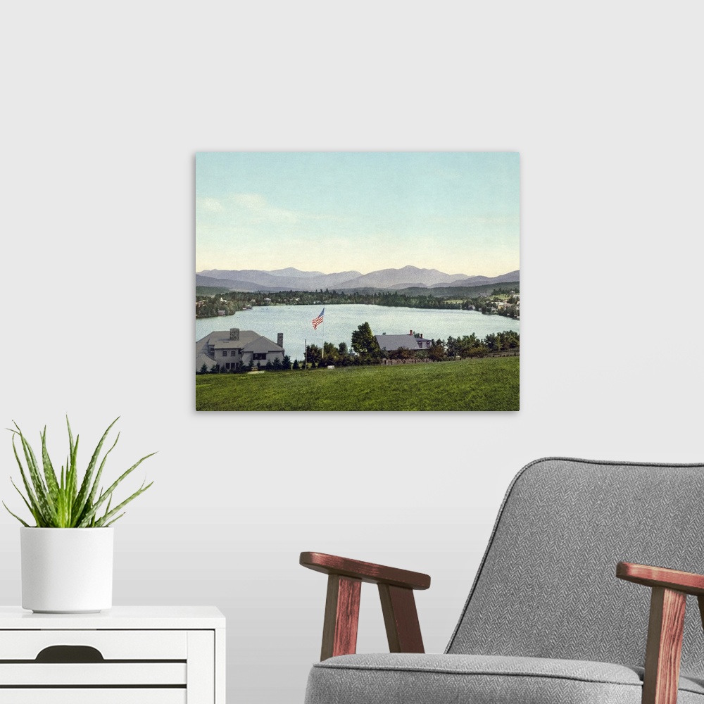 A modern room featuring Vintage photograph of Lake Placid, New York