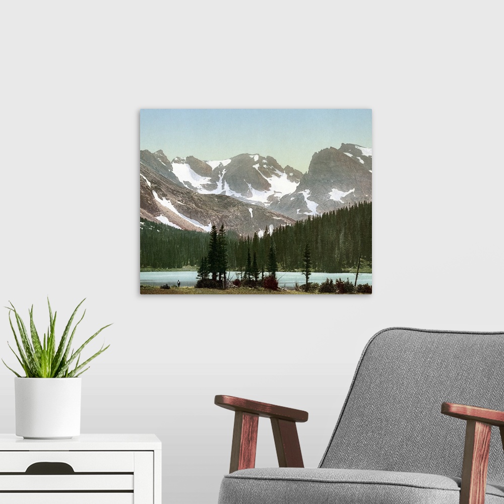 A modern room featuring Vintage photograph of Long Lake, Indian Peaks, Colorado