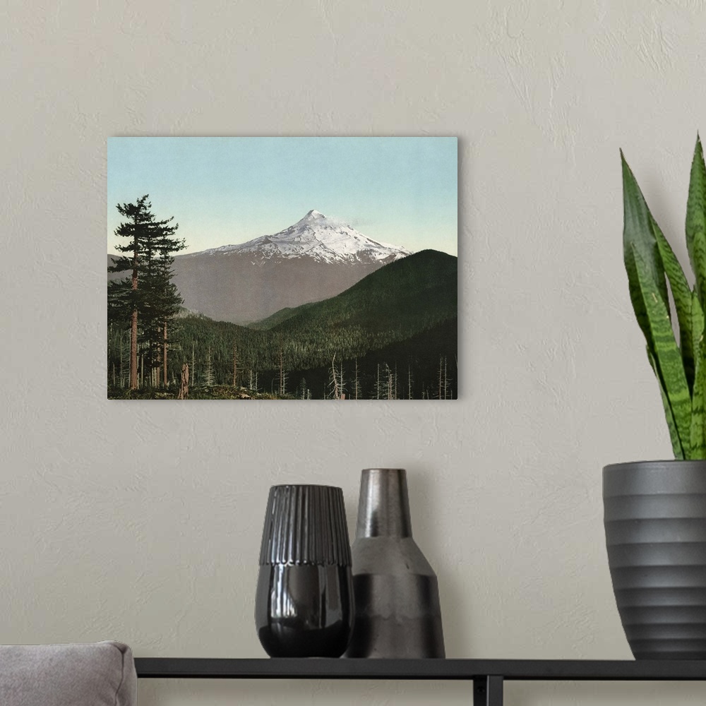 A modern room featuring Vintage photograph of Mt. Hood, Oregon