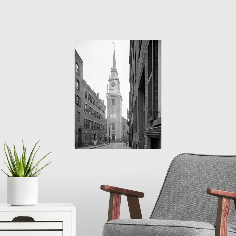A modern room featuring Vintage photograph of Old North Church, Boston, Massachusetts