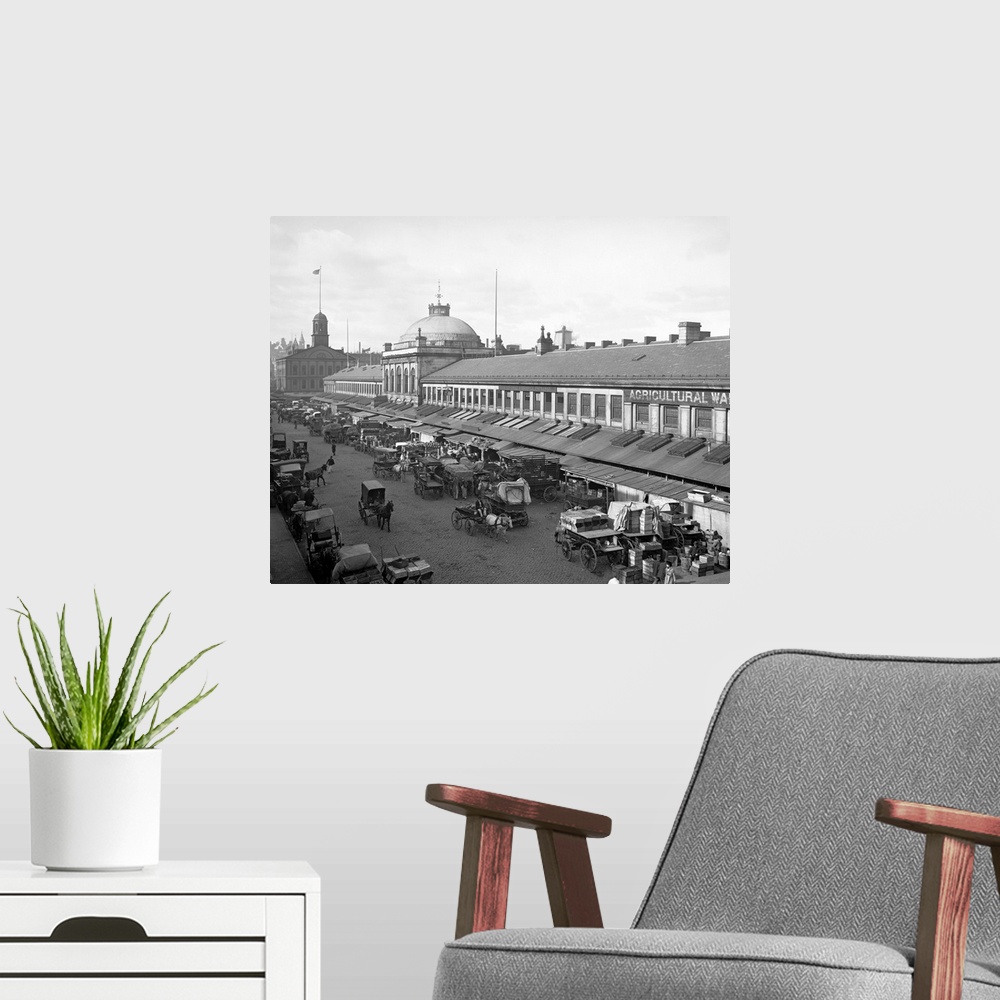 A modern room featuring Vintage photograph of Quincy Market, Boston, Massachusetts