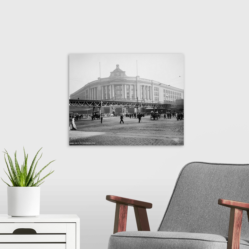 A modern room featuring Vintage photograph of South Station, Boston, Massachusetts