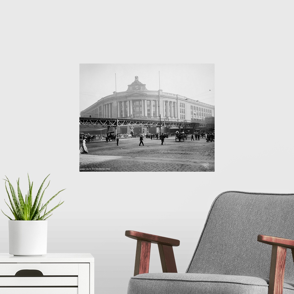 A modern room featuring Vintage photograph of South Station, Boston, Massachusetts