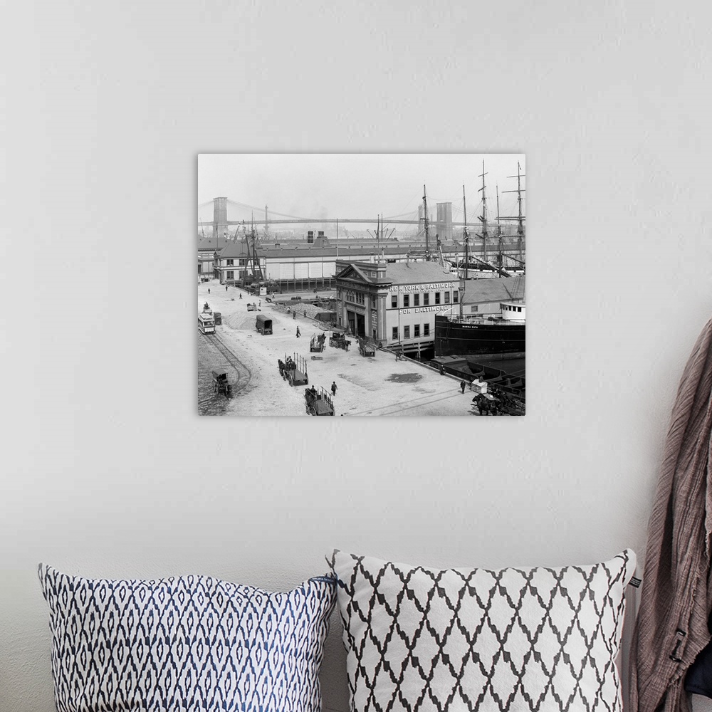 A bohemian room featuring Vintage photograph of South Street Piers and Brooklyn Bridge, New York City