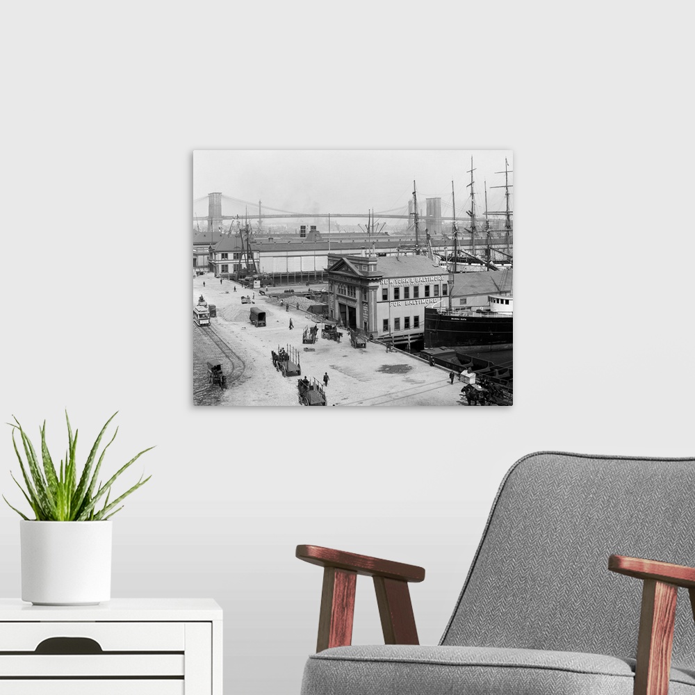 A modern room featuring Vintage photograph of South Street Piers and Brooklyn Bridge, New York City