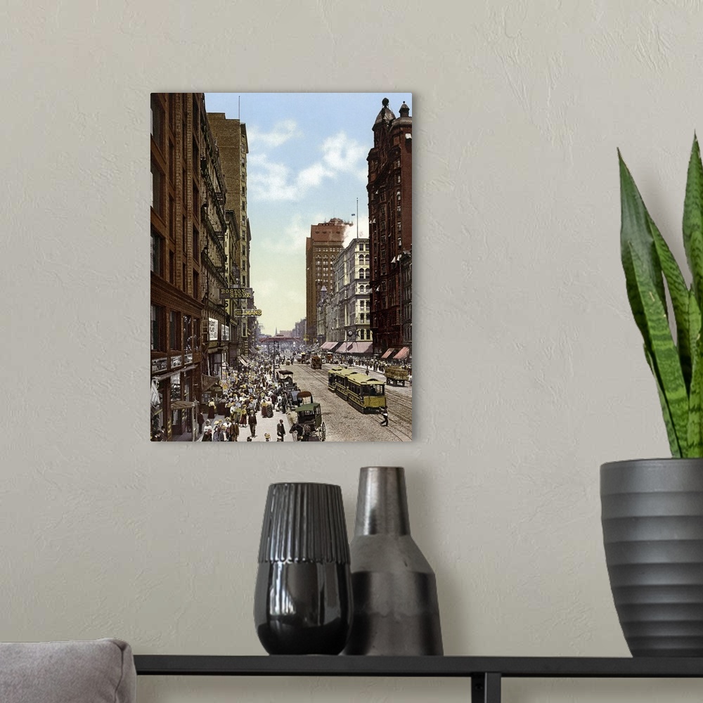 A modern room featuring Vintage photograph of State Street North from Madison, Chicago, Illinois
