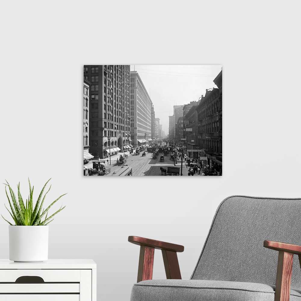A modern room featuring Vintage photograph of State Street South from Lake Street, Chicago, Illinois
