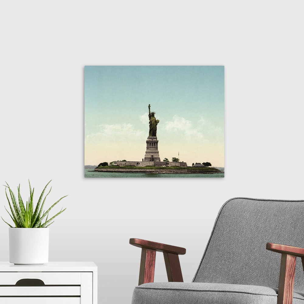 A modern room featuring This is a tinted antique photo taken straight on of this American landmark on horizontal decorati...