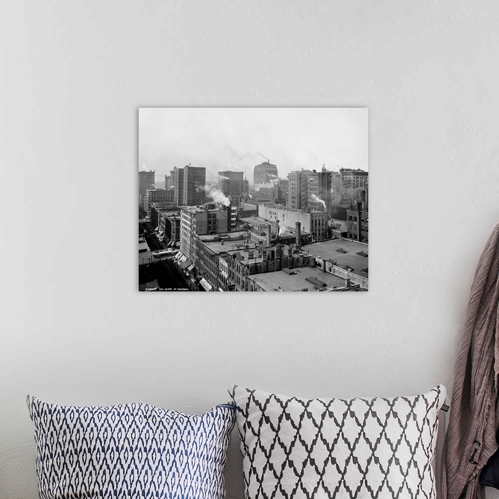 A bohemian room featuring Vintage photograph of The Heart of Chicago, Illinois