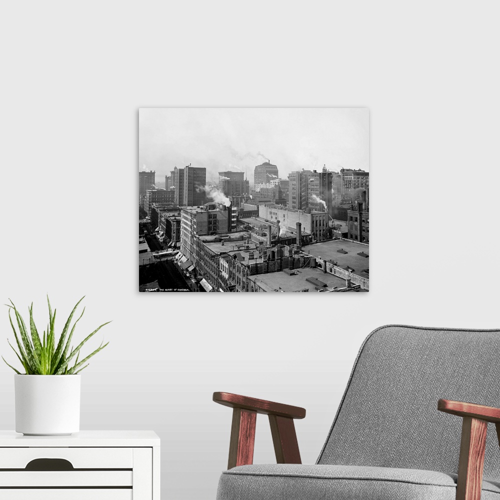 A modern room featuring Vintage photograph of The Heart of Chicago, Illinois