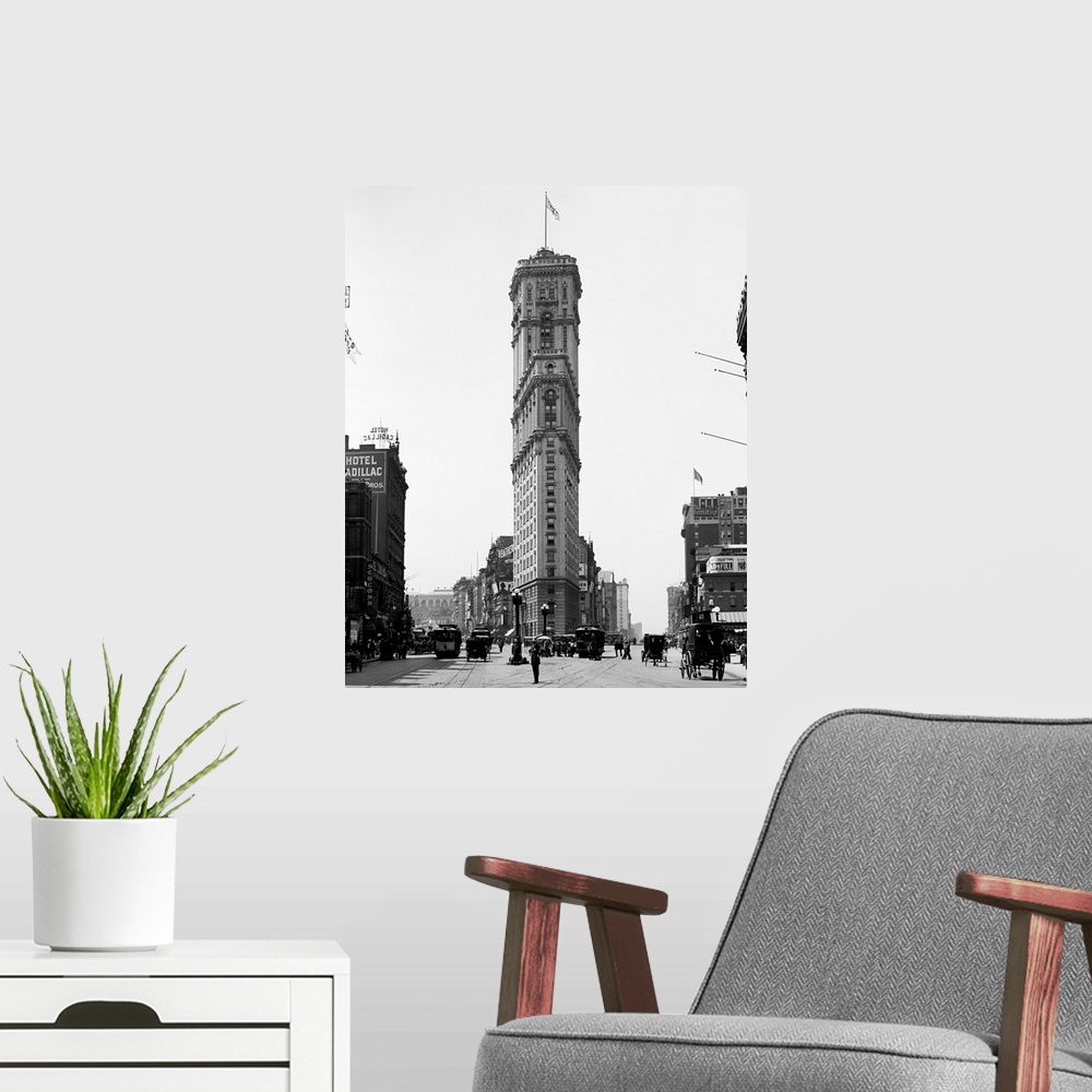 A modern room featuring Vintage photograph of Times Building, Times Square, New York City