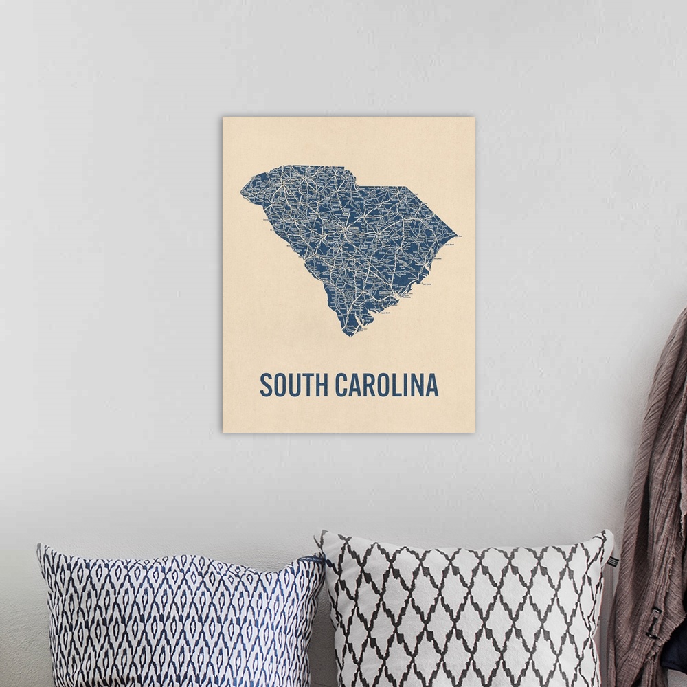A bohemian room featuring Vintage South Carolina Road Map 1