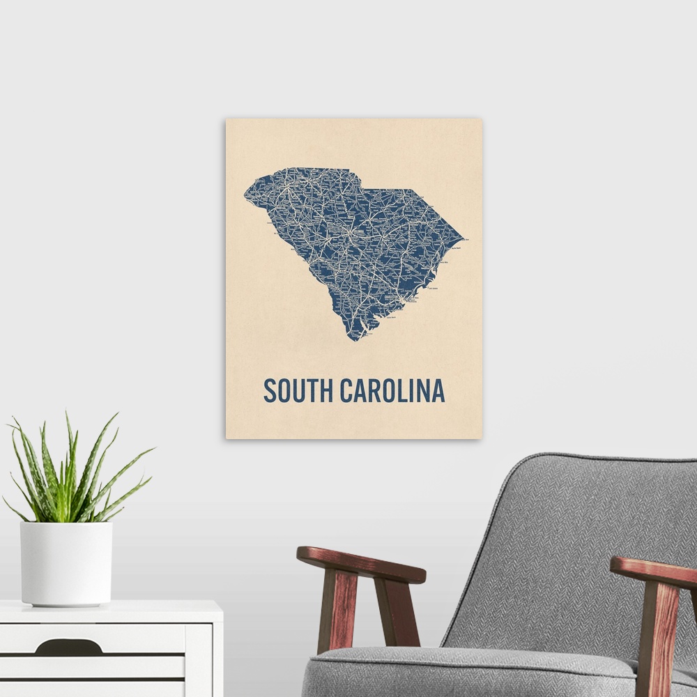 A modern room featuring Vintage South Carolina Road Map 1