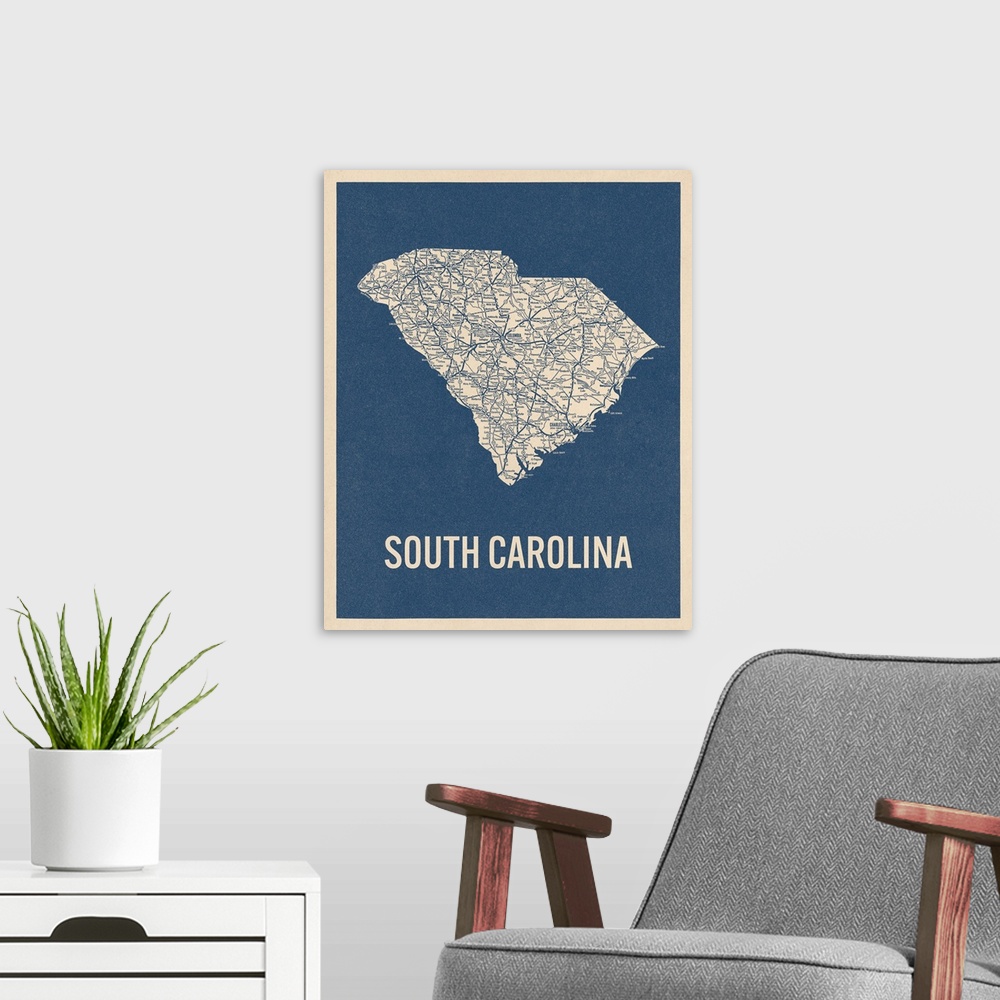 A modern room featuring Vintage South Carolina Road Map 2
