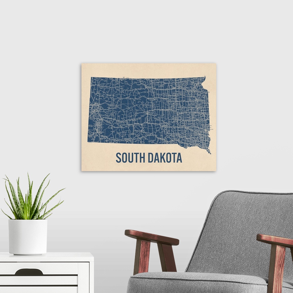 A modern room featuring Vintage South Dakota Road Map 1