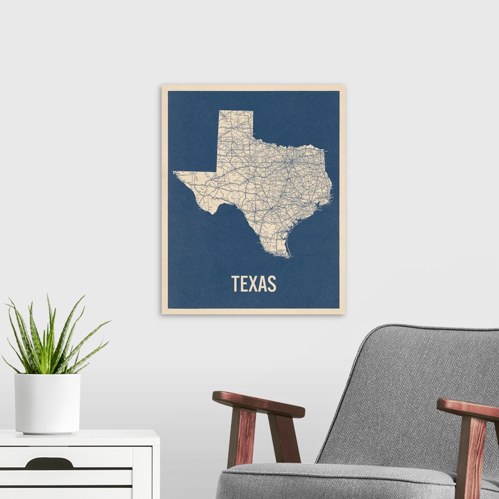 A modern room featuring Vintage Texas Road Map 2