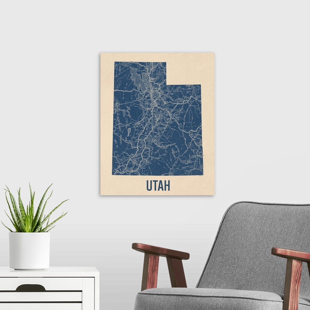 A modern room featuring Vintage Utah Road Map 1